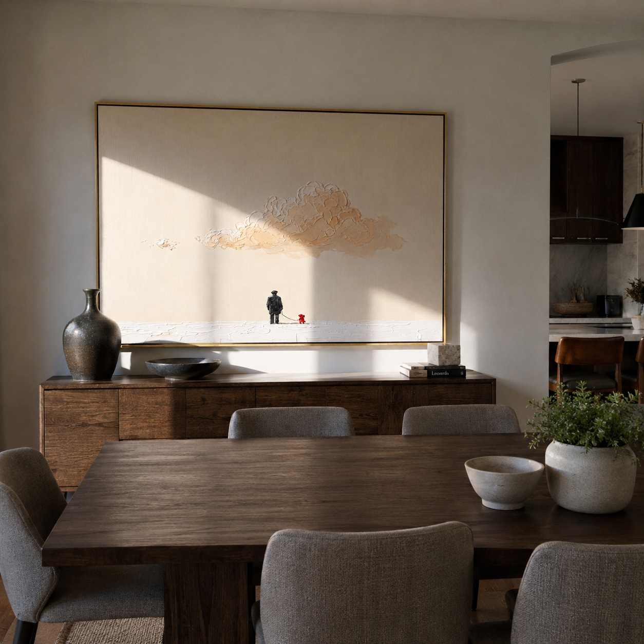 Peach Cloud Watches – Peach Cloud and Red Dog painting by Hannah Brooks, minimalist figurative horizontal wall art – styled room scene view 2