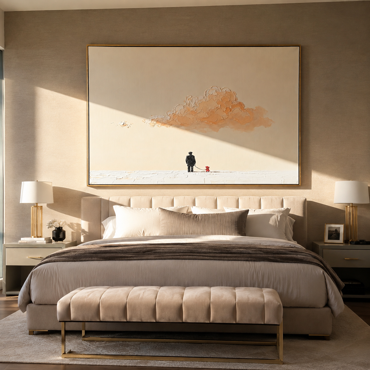 Peach Cloud Watches – Peach Cloud and Red Dog painting by Hannah Brooks, minimalist figurative horizontal wall art – styled room scene view 3
