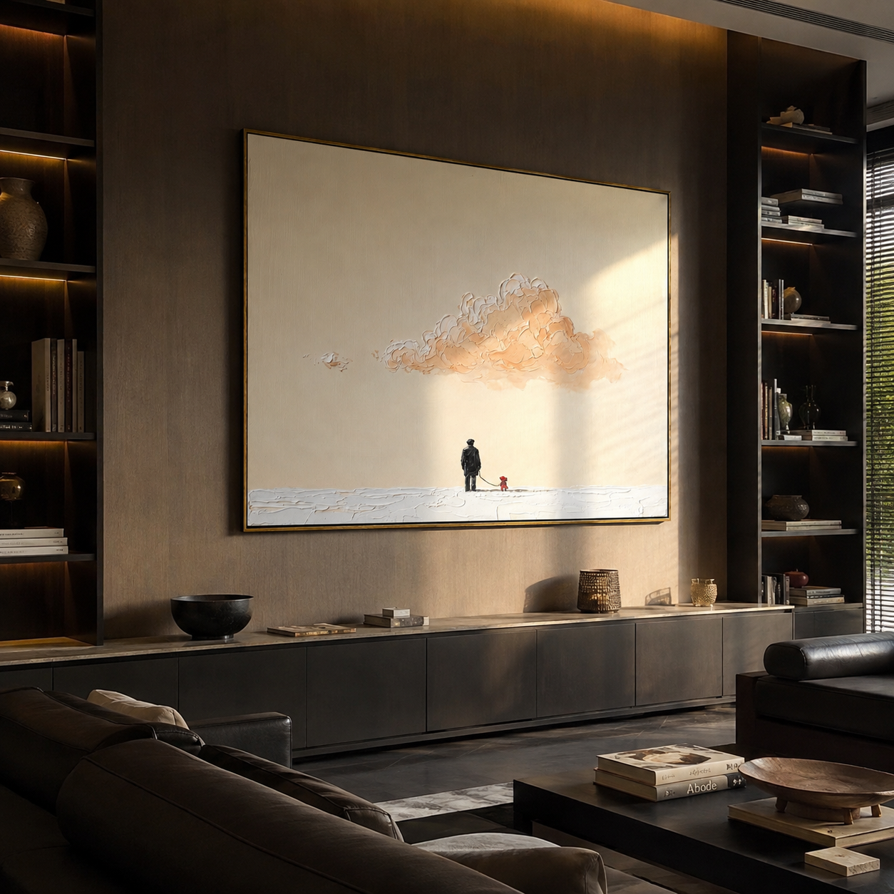 Peach Cloud Watches – Peach Cloud and Red Dog painting by Hannah Brooks, minimalist figurative horizontal wall art – styled room scene view 5
