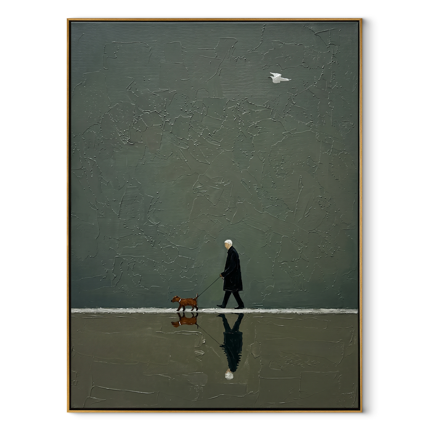 Reflection Follows Home – Green Reflection Dog Walk painting by Hannah Brooks, minimalist figurative vertical wall art – wood frame on white background