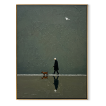 Reflection Follows Home – Green Reflection Dog Walk painting by Hannah Brooks, minimalist figurative vertical wall art – wood frame on white background
