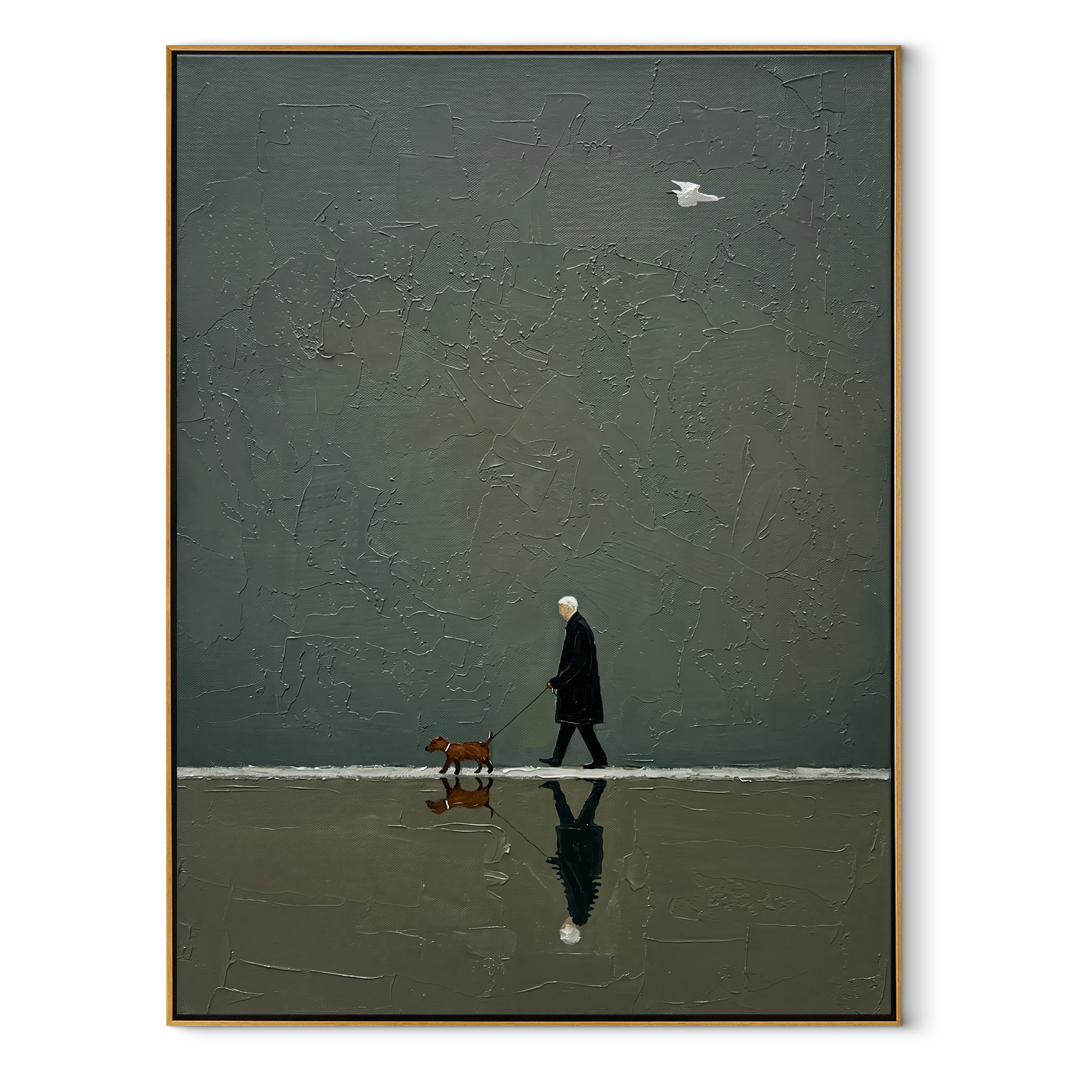 Reflection Follows Home – Green Reflection Dog Walk painting by Hannah Brooks, minimalist figurative vertical wall art – wood frame on white background