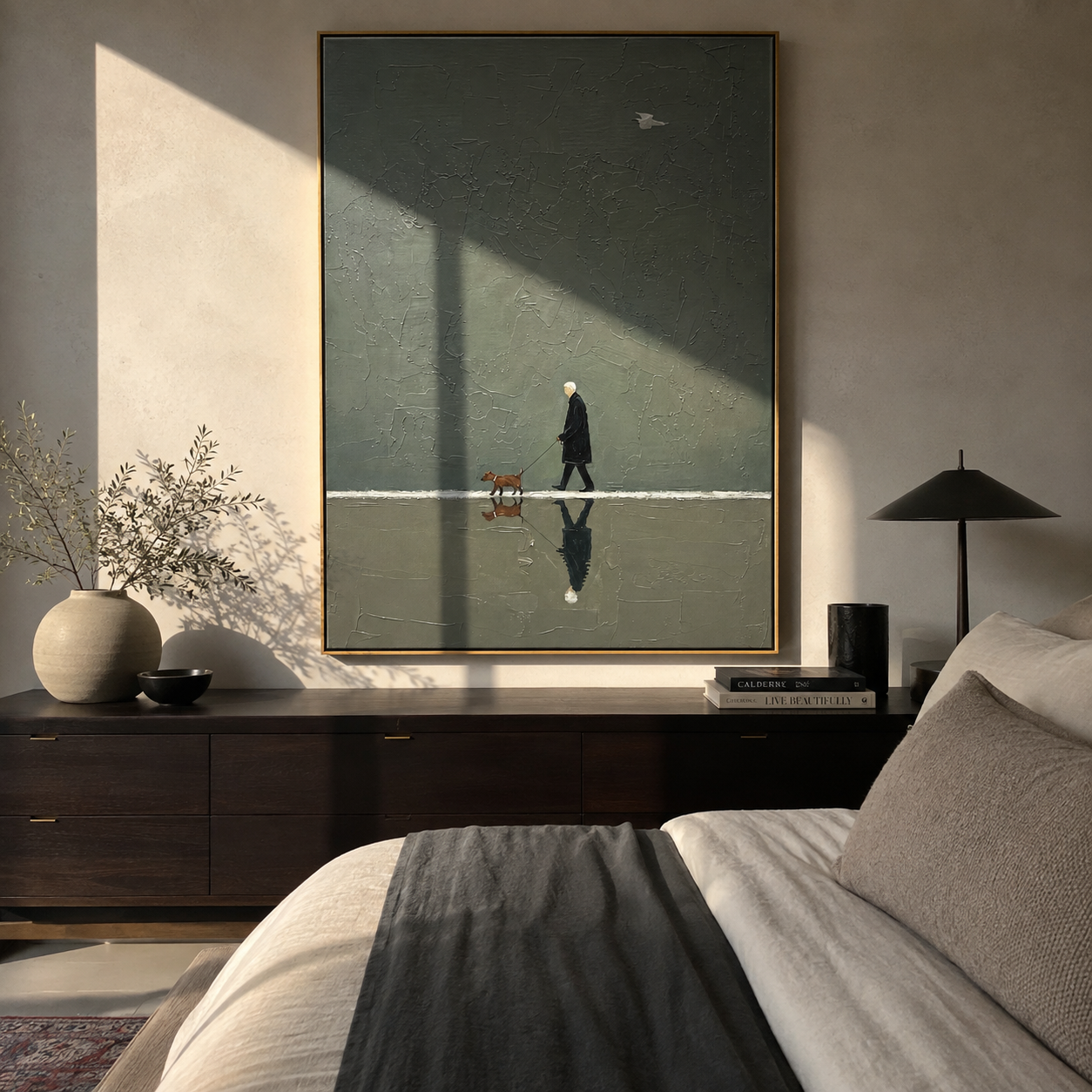 Reflection Follows Home – Green Reflection Dog Walk painting by Hannah Brooks, minimalist figurative vertical wall art – styled room scene view 2