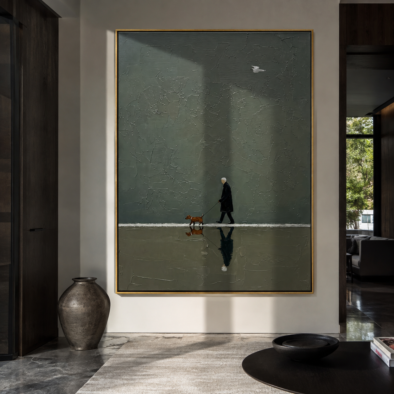 Reflection Follows Home – Green Reflection Dog Walk painting by Hannah Brooks, minimalist figurative vertical wall art – styled room scene view 3