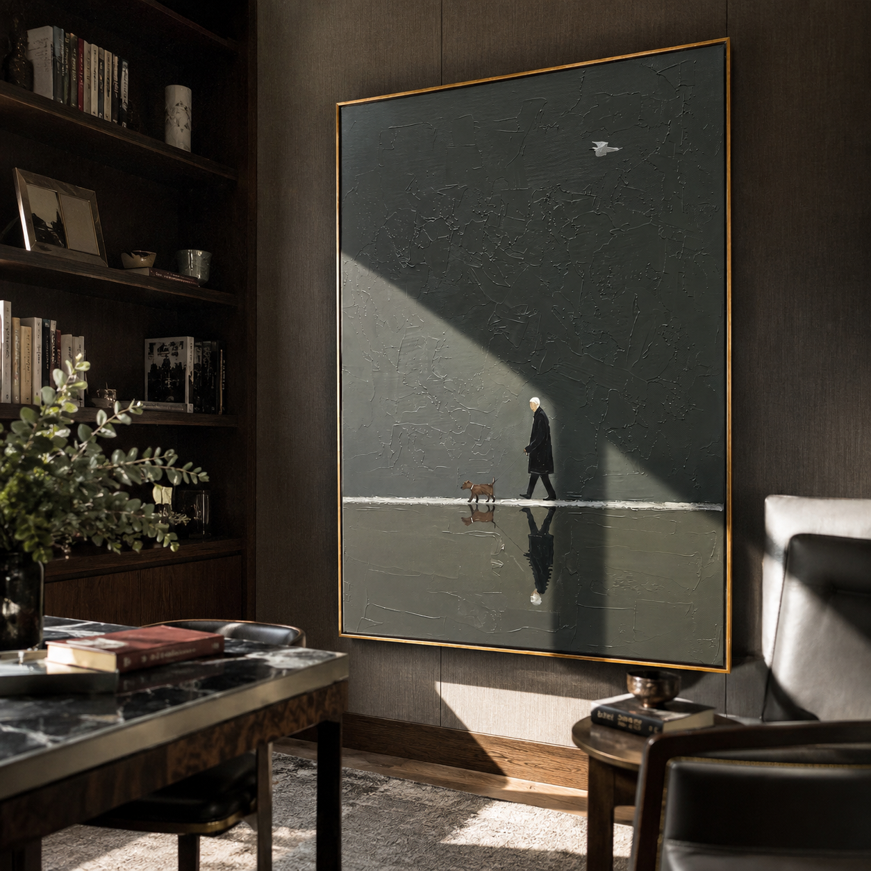 Reflection Follows Home – Green Reflection Dog Walk painting by Hannah Brooks, minimalist figurative vertical wall art – styled room scene view 4