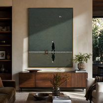 Reflection Follows Home – Green Reflection Dog Walk painting by Hannah Brooks, minimalist figurative vertical wall art – styled room scene view 5