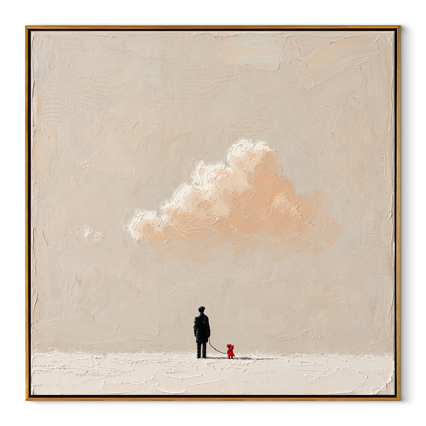 Cloud Waits Above – Warm Cloud and Red Dog painting by Hannah Brooks, minimalist figurative square wall art – wood frame on white background
