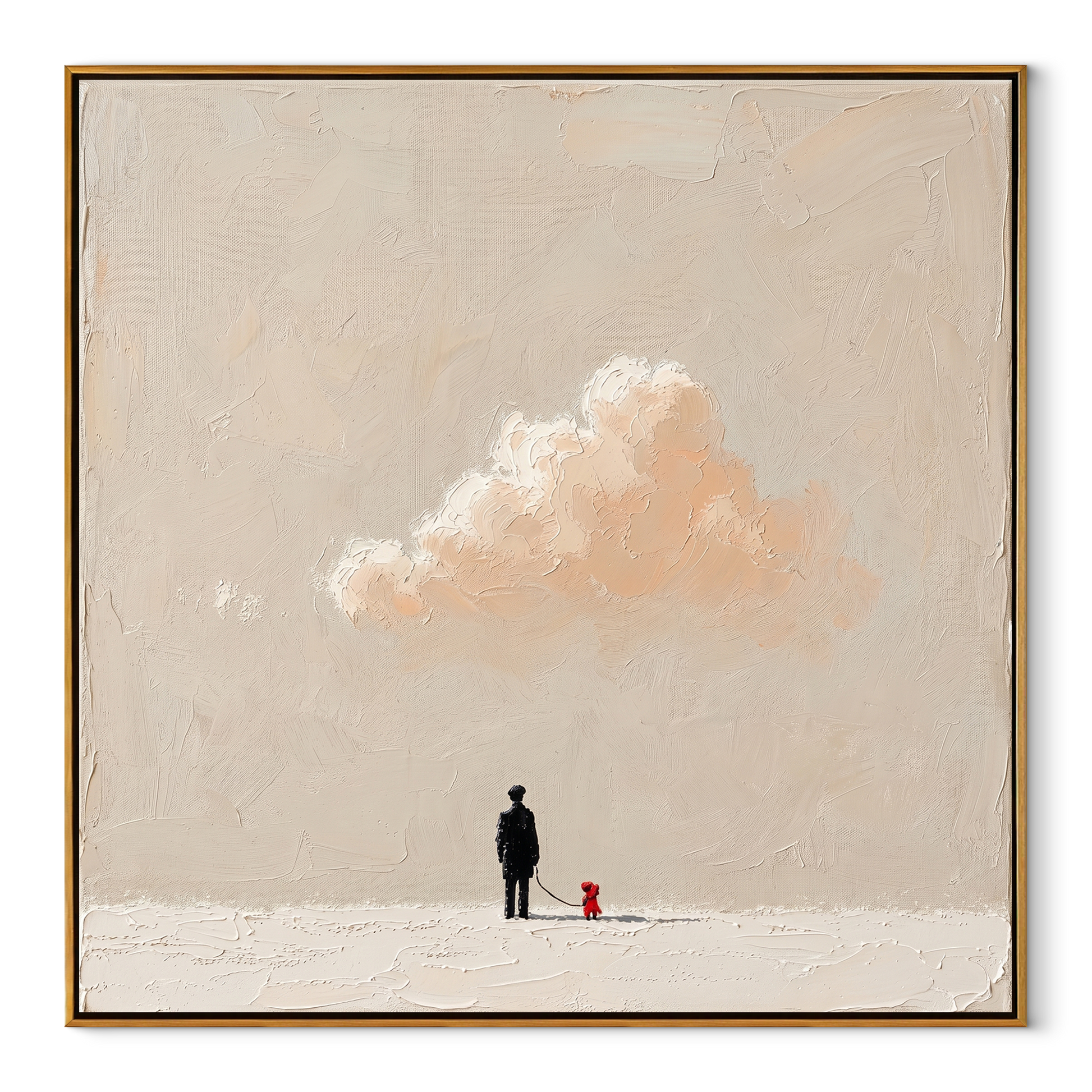 Cloud Waits Above – Warm Cloud and Red Dog painting by Hannah Brooks, minimalist figurative square wall art – wood frame on white background