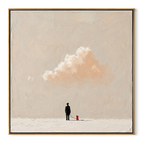 Cloud Waits Above – Warm Cloud and Red Dog painting by Hannah Brooks, minimalist figurative square wall art – wood frame on white background