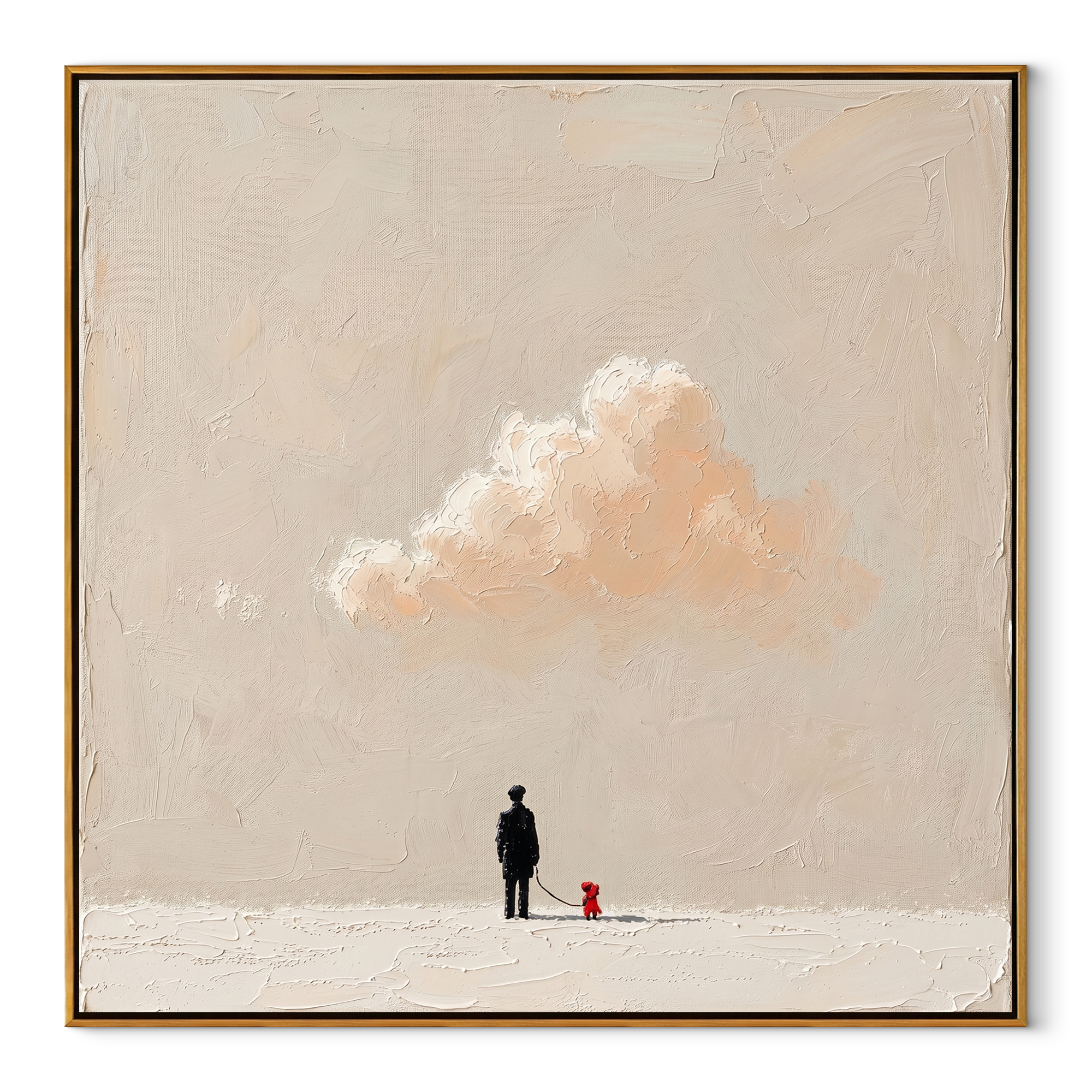 Cloud Waits Above – Warm Cloud and Red Dog painting by Hannah Brooks, minimalist figurative square wall art – wood frame on white background