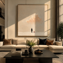 Cloud Waits Above – Warm Cloud and Red Dog painting by Hannah Brooks, minimalist figurative square wall art – styled room scene view 2