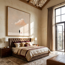 Cloud Waits Above – Warm Cloud and Red Dog painting by Hannah Brooks, minimalist figurative square wall art – styled room scene view 3