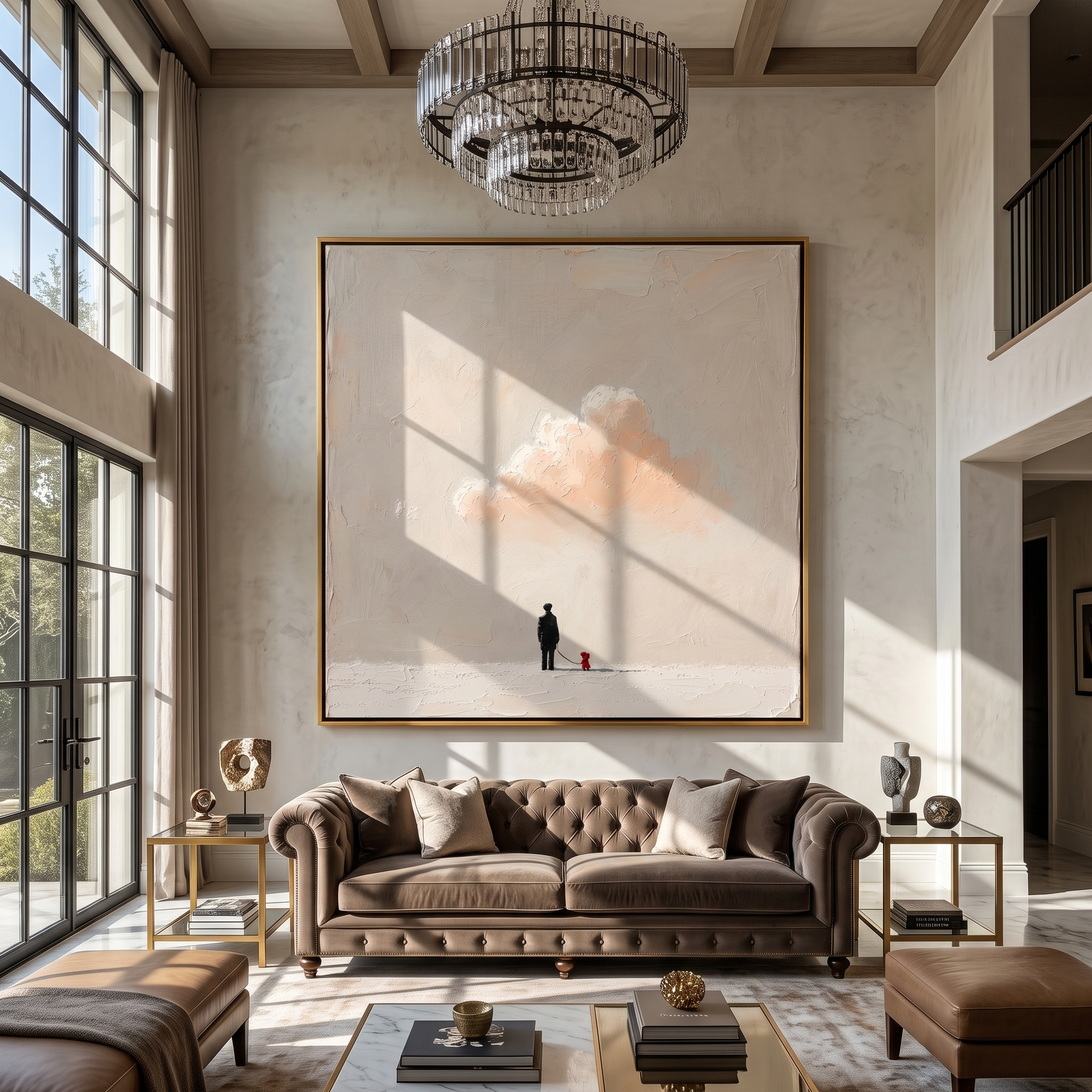 Cloud Waits Above – Warm Cloud and Red Dog painting by Hannah Brooks, minimalist figurative square wall art – styled room scene view 4