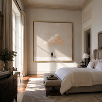 Cloud Waits Above – Warm Cloud and Red Dog painting by Hannah Brooks, minimalist figurative square wall art – styled room scene view 5