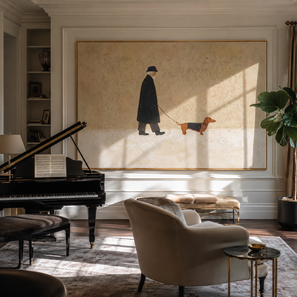 Brown Dog Leads – Black Coat Dog Walk painting by Hannah Brooks, minimalist figurative horizontal wall art – styled room scene view 1