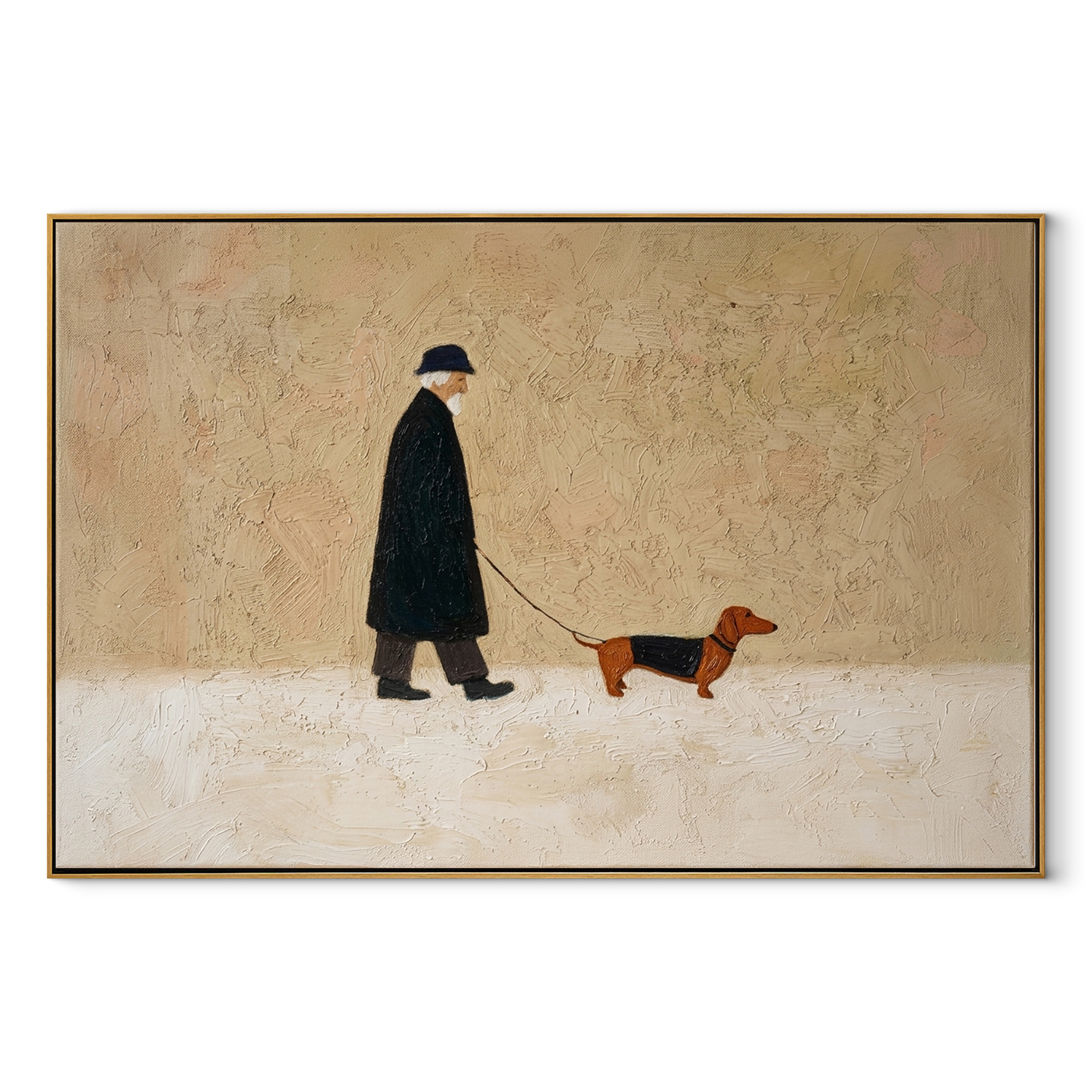 Brown Dog Leads – Black Coat Dog Walk painting by Hannah Brooks, minimalist figurative horizontal wall art – wood frame on white background