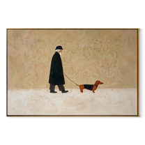 Brown Dog Leads – Black Coat Dog Walk painting by Hannah Brooks, minimalist figurative horizontal wall art – wood frame on white background