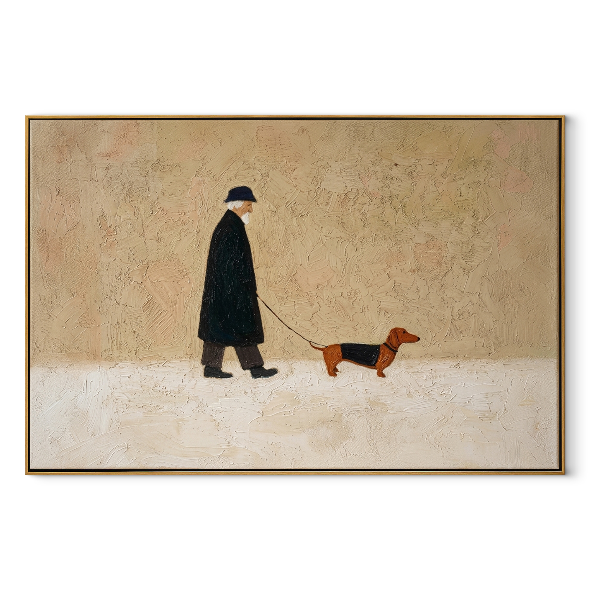 Brown Dog Leads – Black Coat Dog Walk painting by Hannah Brooks, minimalist figurative horizontal wall art – wood frame on white background