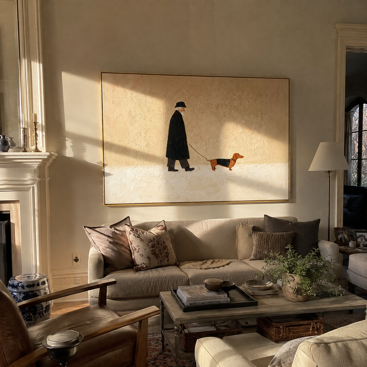 Brown Dog Leads – Black Coat Dog Walk painting by Hannah Brooks, minimalist figurative horizontal wall art – styled room scene view 2