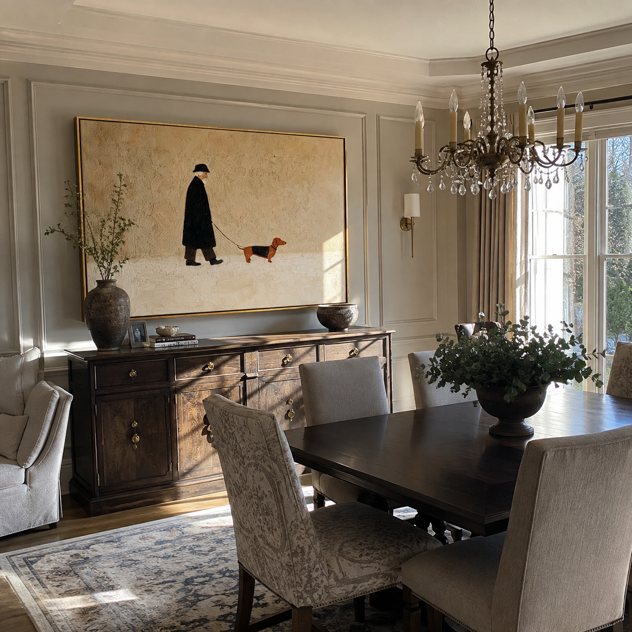 Brown Dog Leads – Black Coat Dog Walk painting by Hannah Brooks, minimalist figurative horizontal wall art – styled room scene view 3