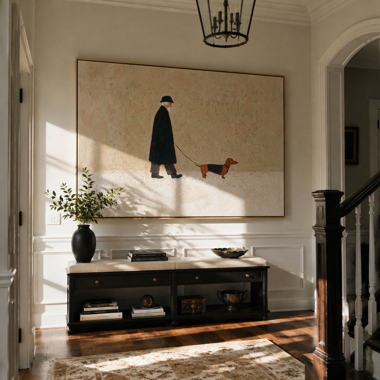Brown Dog Leads – Black Coat Dog Walk painting by Hannah Brooks, minimalist figurative horizontal wall art – styled room scene view 4