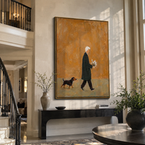 Flowers Outlast The Day – Ochre Figure with Flowers painting by Hannah Brooks, minimalist figurative vertical wall art – styled room scene view 1