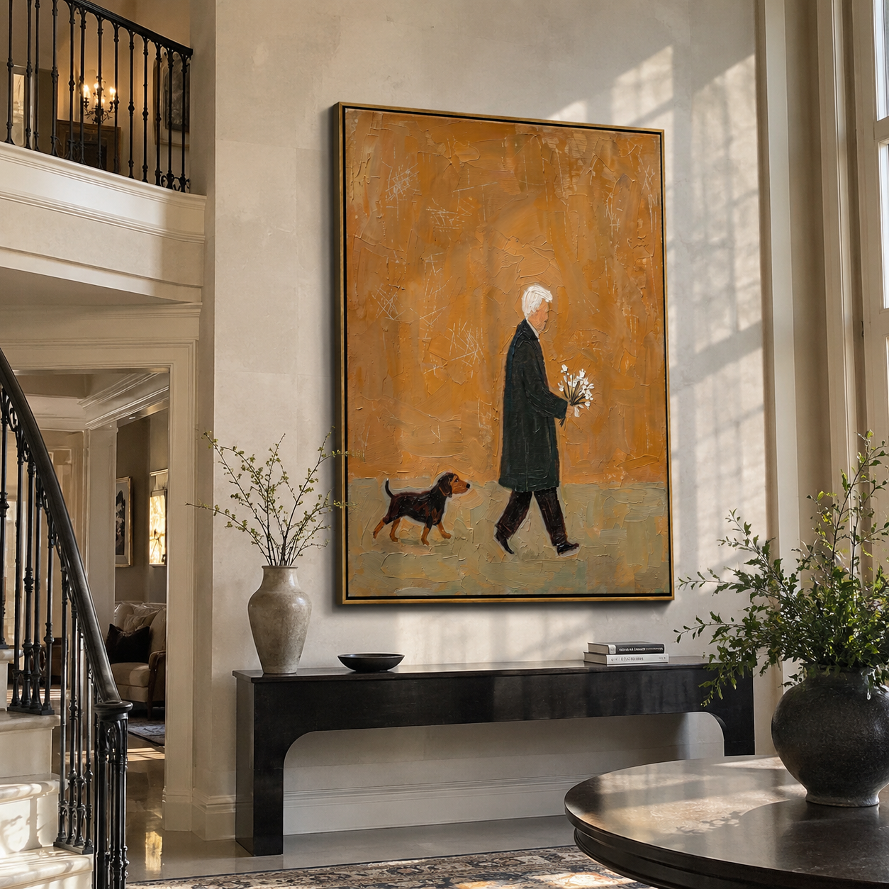 Flowers Outlast The Day – Ochre Figure with Flowers painting by Hannah Brooks, minimalist figurative vertical wall art – styled room scene view 1