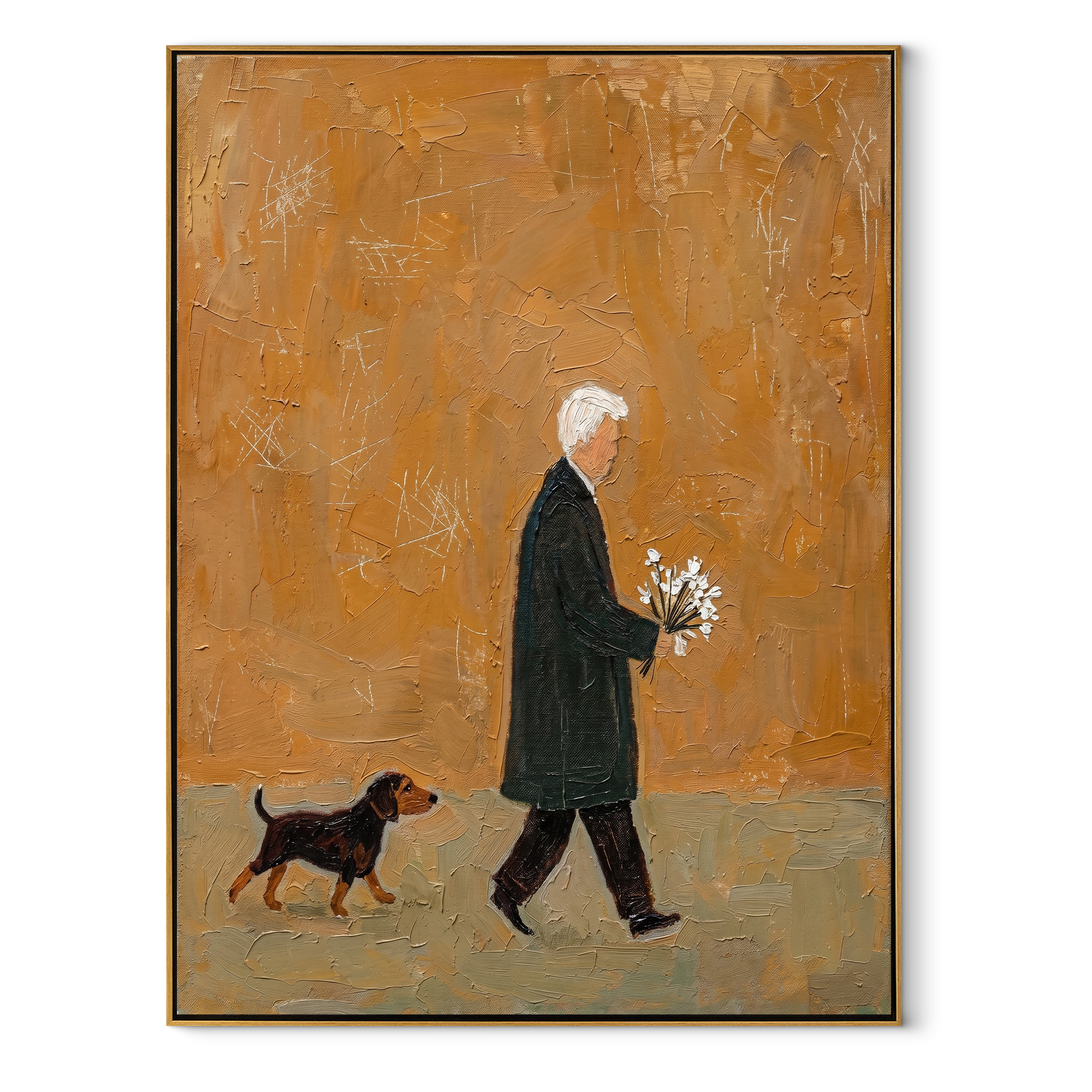 Flowers Outlast The Day – Ochre Figure with Flowers painting by Hannah Brooks, minimalist figurative vertical wall art – wood frame on white background