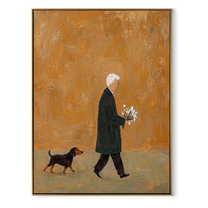 Flowers Outlast The Day – Ochre Figure with Flowers painting by Hannah Brooks, minimalist figurative vertical wall art – wood frame on white background