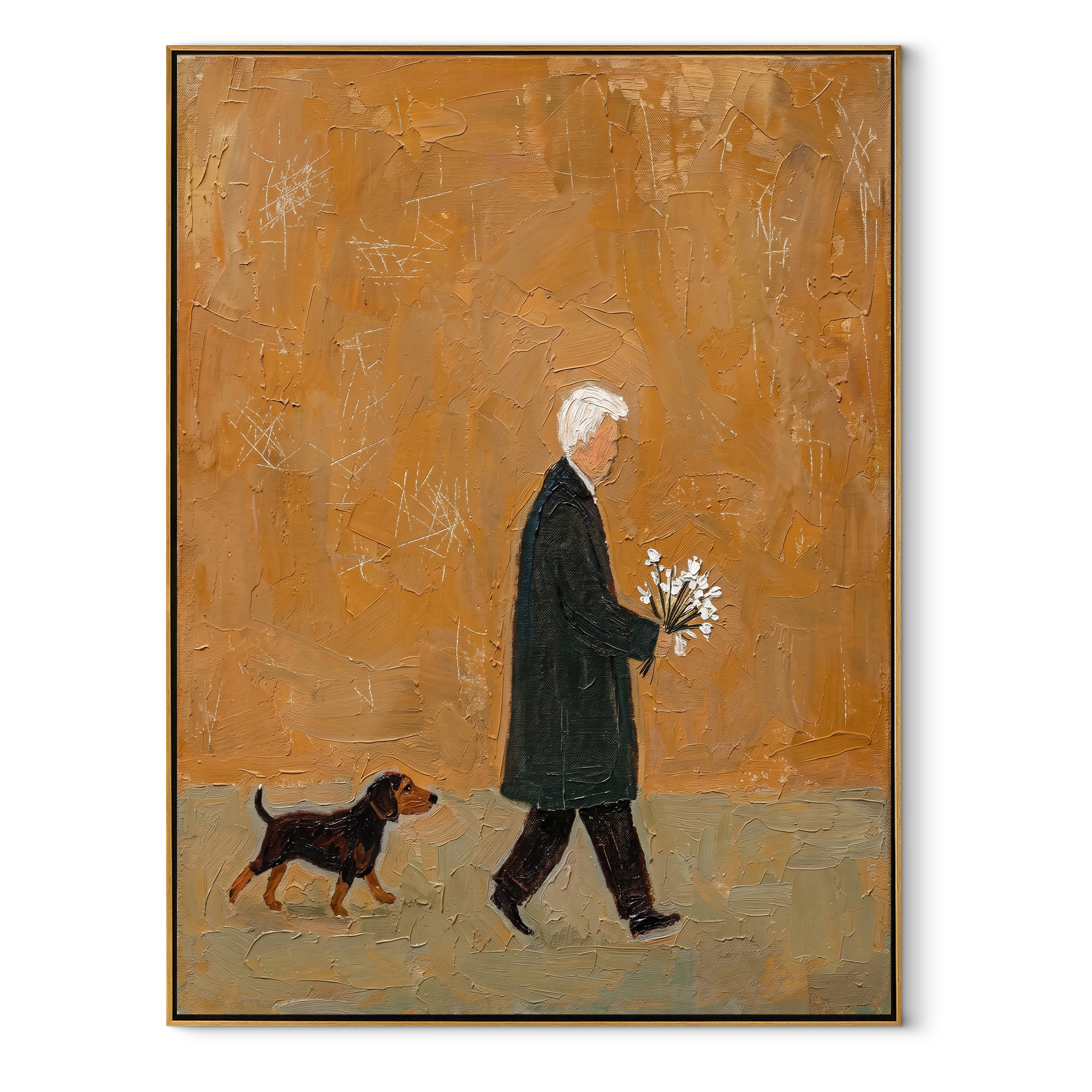 Flowers Outlast The Day – Ochre Figure with Flowers painting by Hannah Brooks, minimalist figurative vertical wall art – wood frame on white background