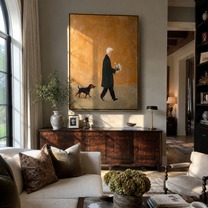 Flowers Outlast The Day – Ochre Figure with Flowers painting by Hannah Brooks, minimalist figurative vertical wall art – styled room scene view 2