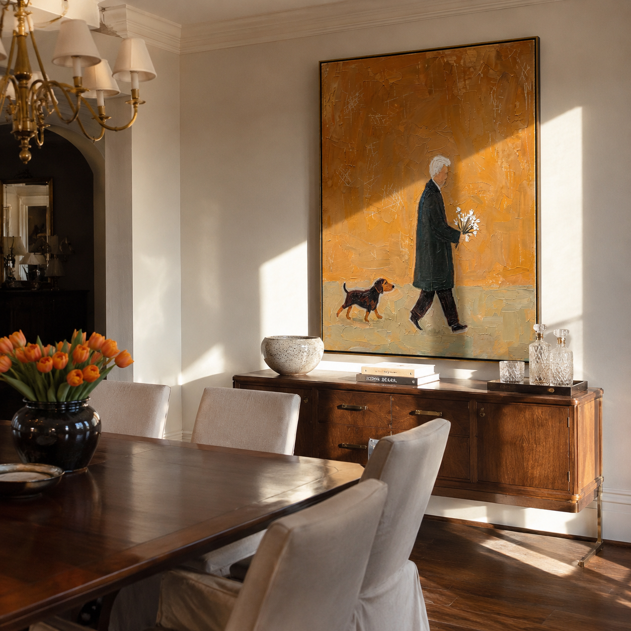 Flowers Outlast The Day – Ochre Figure with Flowers painting by Hannah Brooks, minimalist figurative vertical wall art – styled room scene view 3