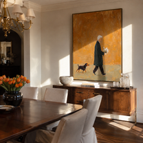 Flowers Outlast The Day – Ochre Figure with Flowers painting by Hannah Brooks, minimalist figurative vertical wall art – styled room scene view 3
