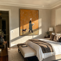 Flowers Outlast The Day – Ochre Figure with Flowers painting by Hannah Brooks, minimalist figurative vertical wall art – styled room scene view 4