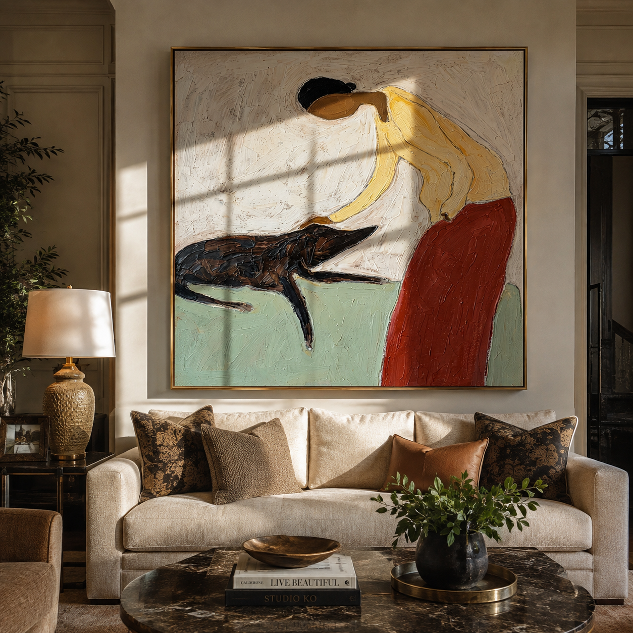 Her Hand Finds Trust – Yellow Figure Petting Dog painting by Hannah Brooks, minimalist figurative square wall art – styled room scene view 1