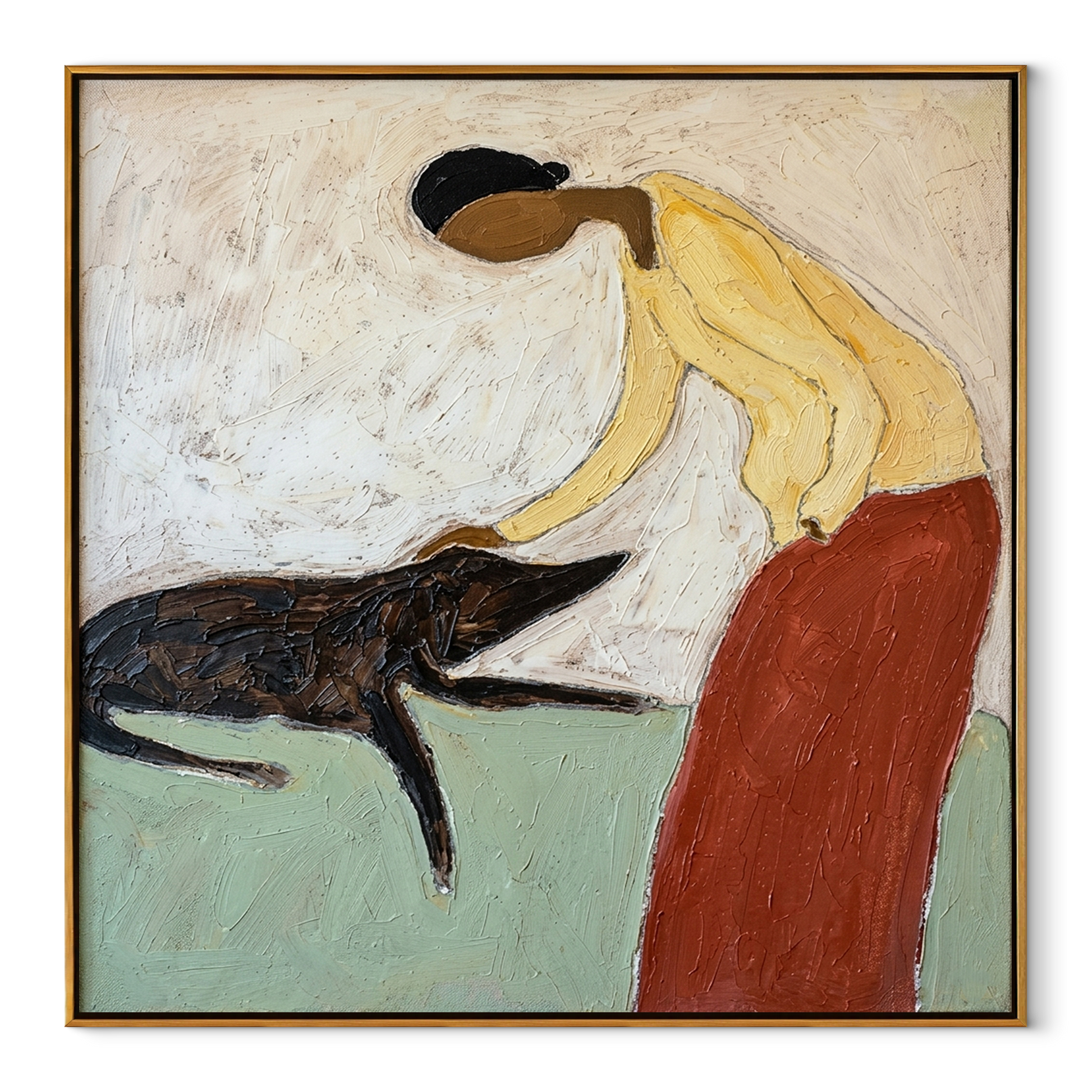 Her Hand Finds Trust – Yellow Figure Petting Dog painting by Hannah Brooks, minimalist figurative square wall art – wood frame on white background