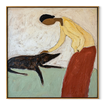 Her Hand Finds Trust – Yellow Figure Petting Dog painting by Hannah Brooks, minimalist figurative square wall art – wood frame on white background