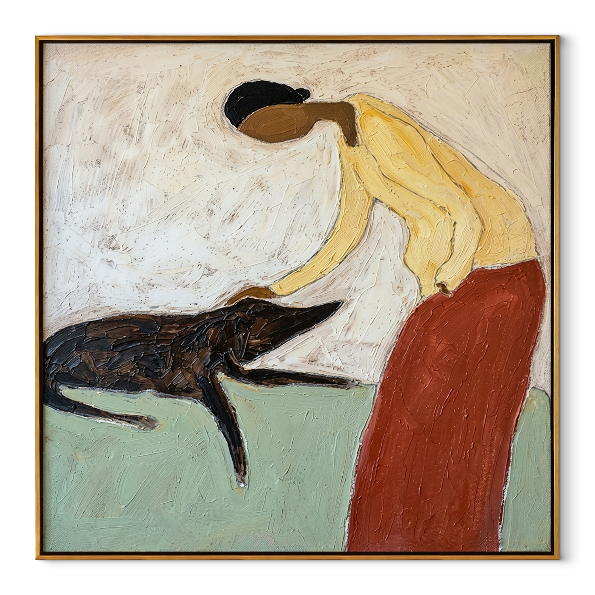 Her Hand Finds Trust – Yellow Figure Petting Dog painting by Hannah Brooks, minimalist figurative square wall art – wood frame on white background