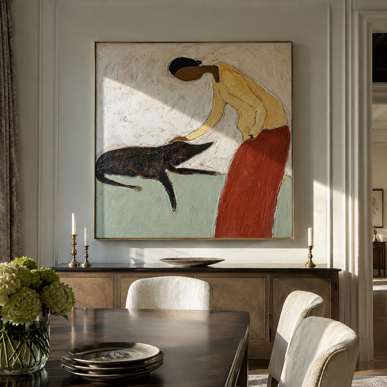 Her Hand Finds Trust – Yellow Figure Petting Dog painting by Hannah Brooks, minimalist figurative square wall art – styled room scene view 2