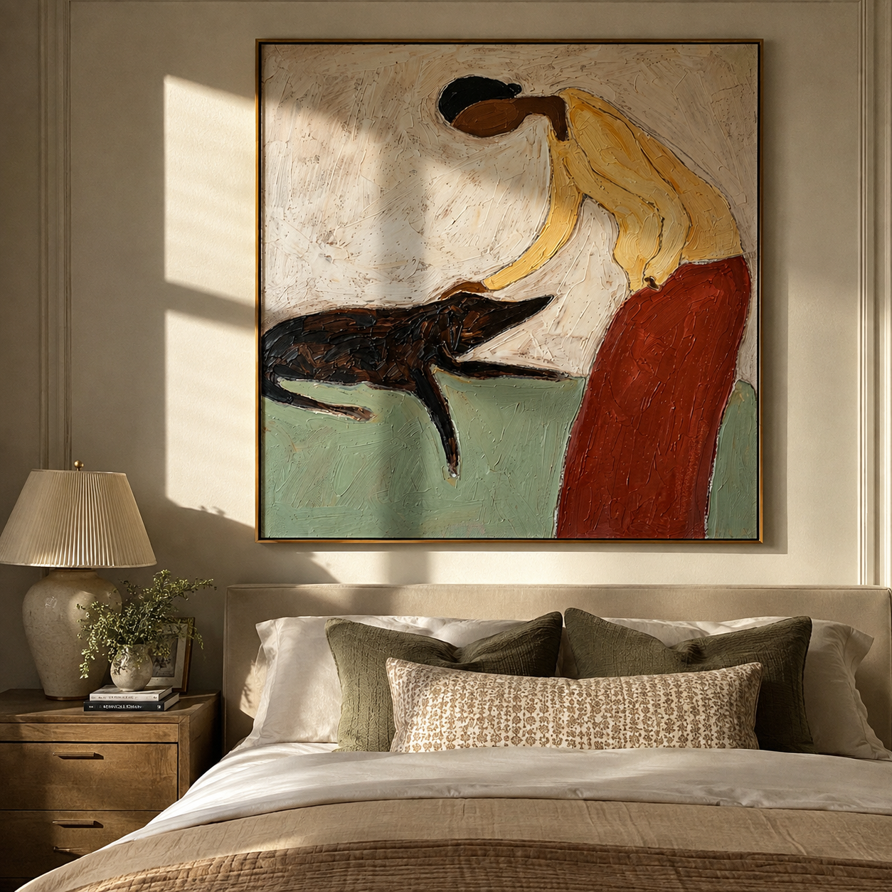 Her Hand Finds Trust – Yellow Figure Petting Dog painting by Hannah Brooks, minimalist figurative square wall art – styled room scene view 3