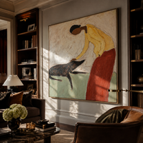 Her Hand Finds Trust – Yellow Figure Petting Dog painting by Hannah Brooks, minimalist figurative square wall art – styled room scene view 4