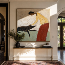 Her Hand Finds Trust – Yellow Figure Petting Dog painting by Hannah Brooks, minimalist figurative square wall art – styled room scene view 5