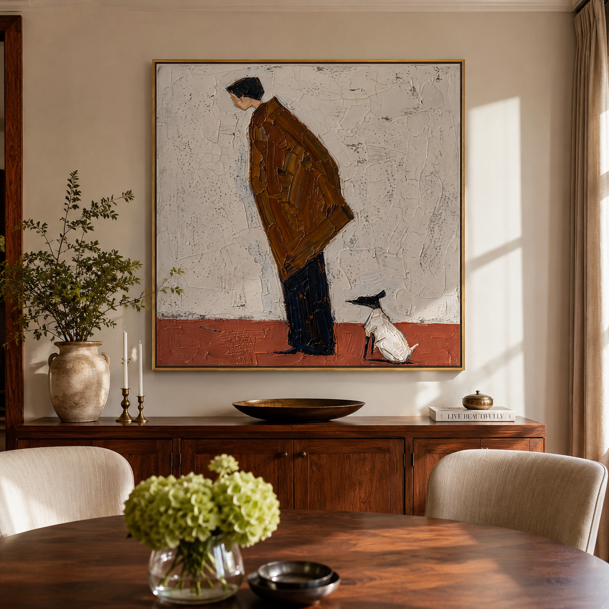 Small Dog Holds Attention – Brown Figure Greeting Dog painting by Hannah Brooks, minimalist figurative square wall art – styled room scene view 1
