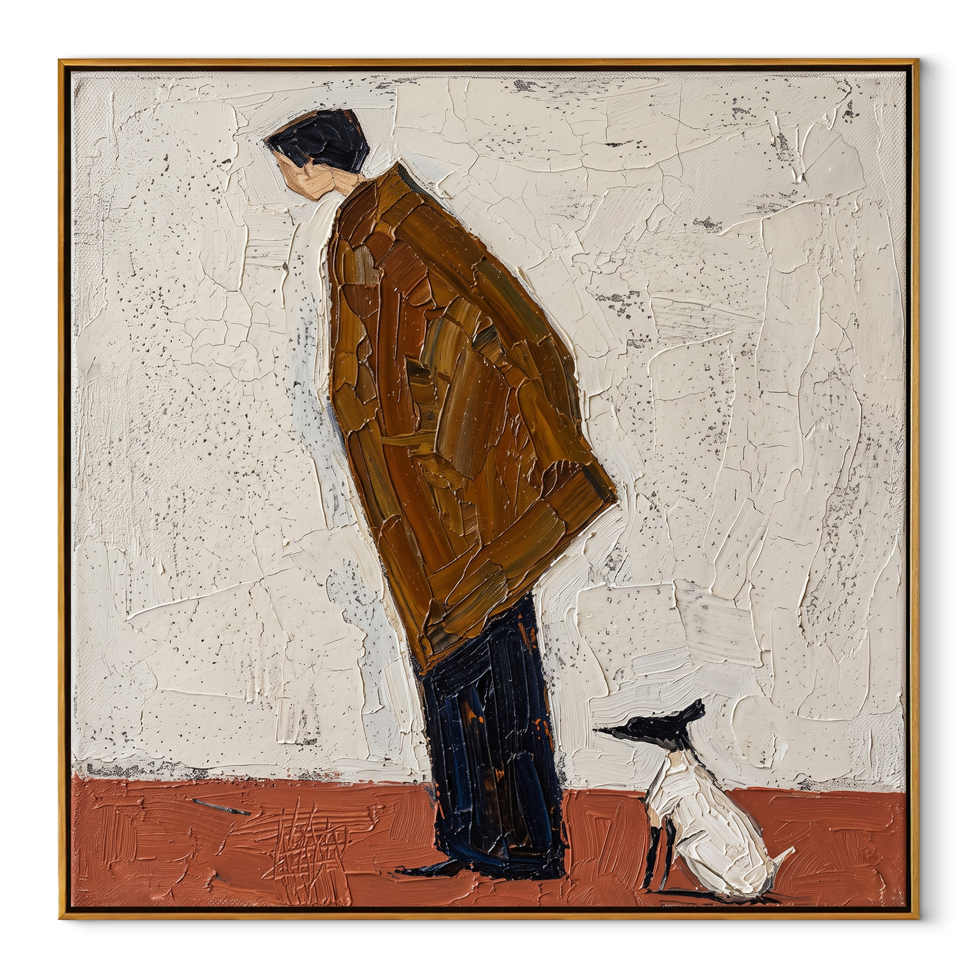 Small Dog Holds Attention – Brown Figure Greeting Dog painting by Hannah Brooks, minimalist figurative square wall art – wood frame on white background
