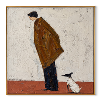 Small Dog Holds Attention – Brown Figure Greeting Dog painting by Hannah Brooks, minimalist figurative square wall art – wood frame on white background