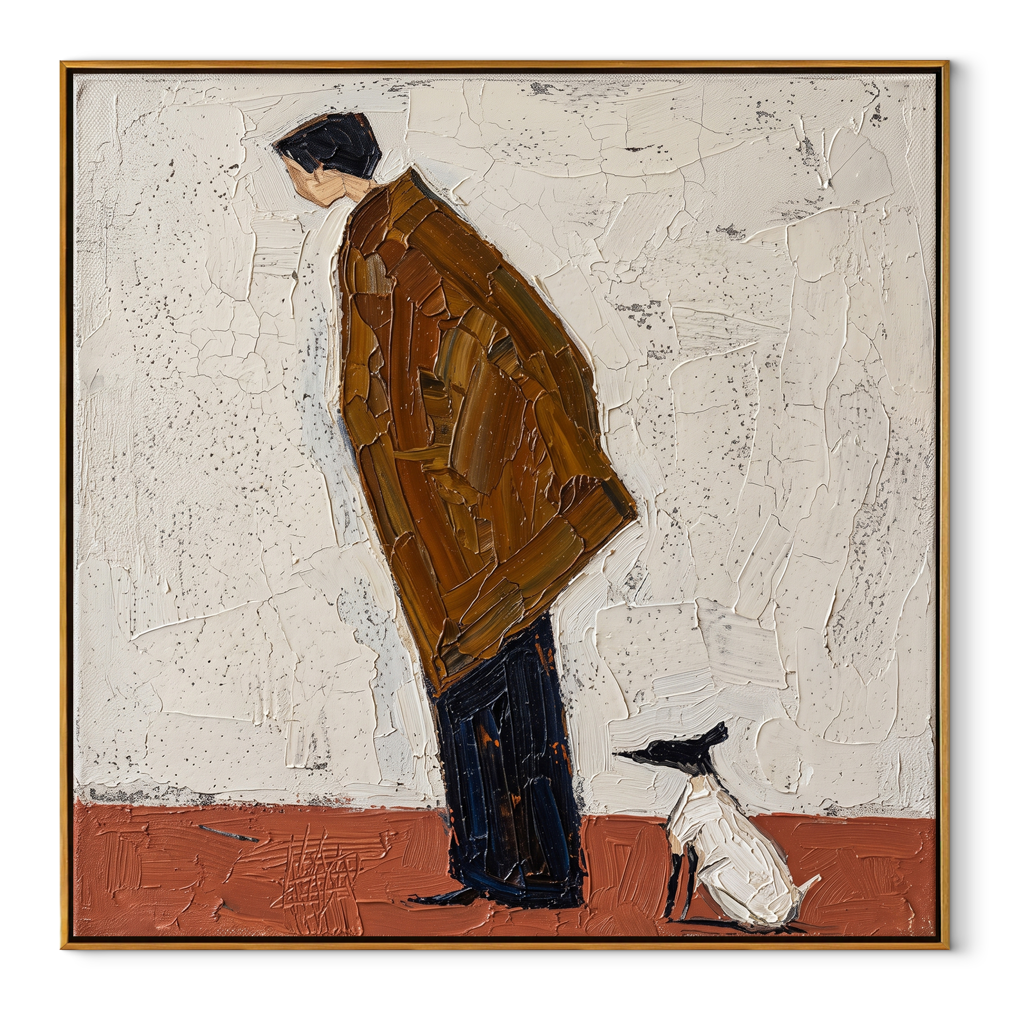 Small Dog Holds Attention – Brown Figure Greeting Dog painting by Hannah Brooks, minimalist figurative square wall art – wood frame on white background