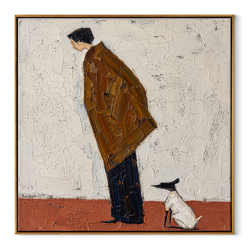Small Dog Holds Attention – Brown Figure Greeting Dog Painting | Minimalist Figurative Square Wall Art