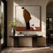 Small Dog Holds Attention – Brown Figure Greeting Dog painting by Hannah Brooks, minimalist figurative square wall art – styled room scene view 2
