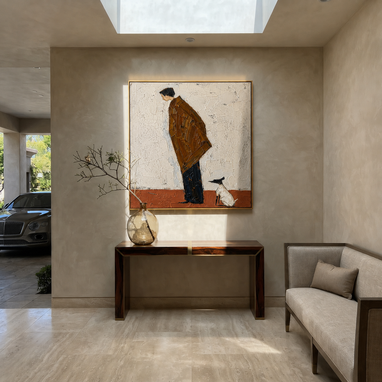 Small Dog Holds Attention – Brown Figure Greeting Dog painting by Hannah Brooks, minimalist figurative square wall art – styled room scene view 3