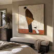 Small Dog Holds Attention – Brown Figure Greeting Dog painting by Hannah Brooks, minimalist figurative square wall art – styled room scene view 4